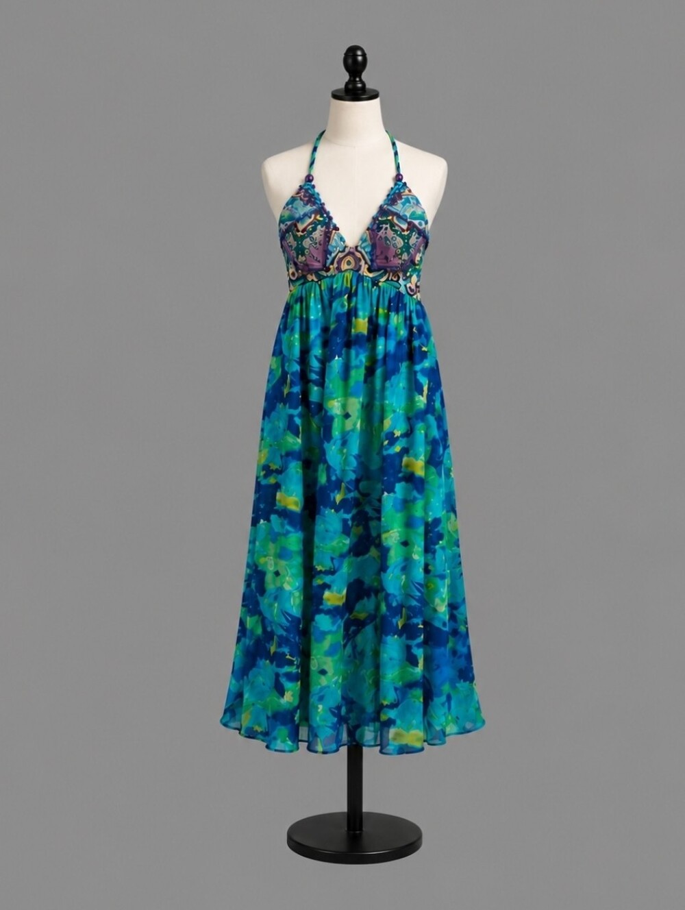 NWT Meghan Los Angeles Grecian Goddess Halter Maxi Dress Blue Teal Paisley Water